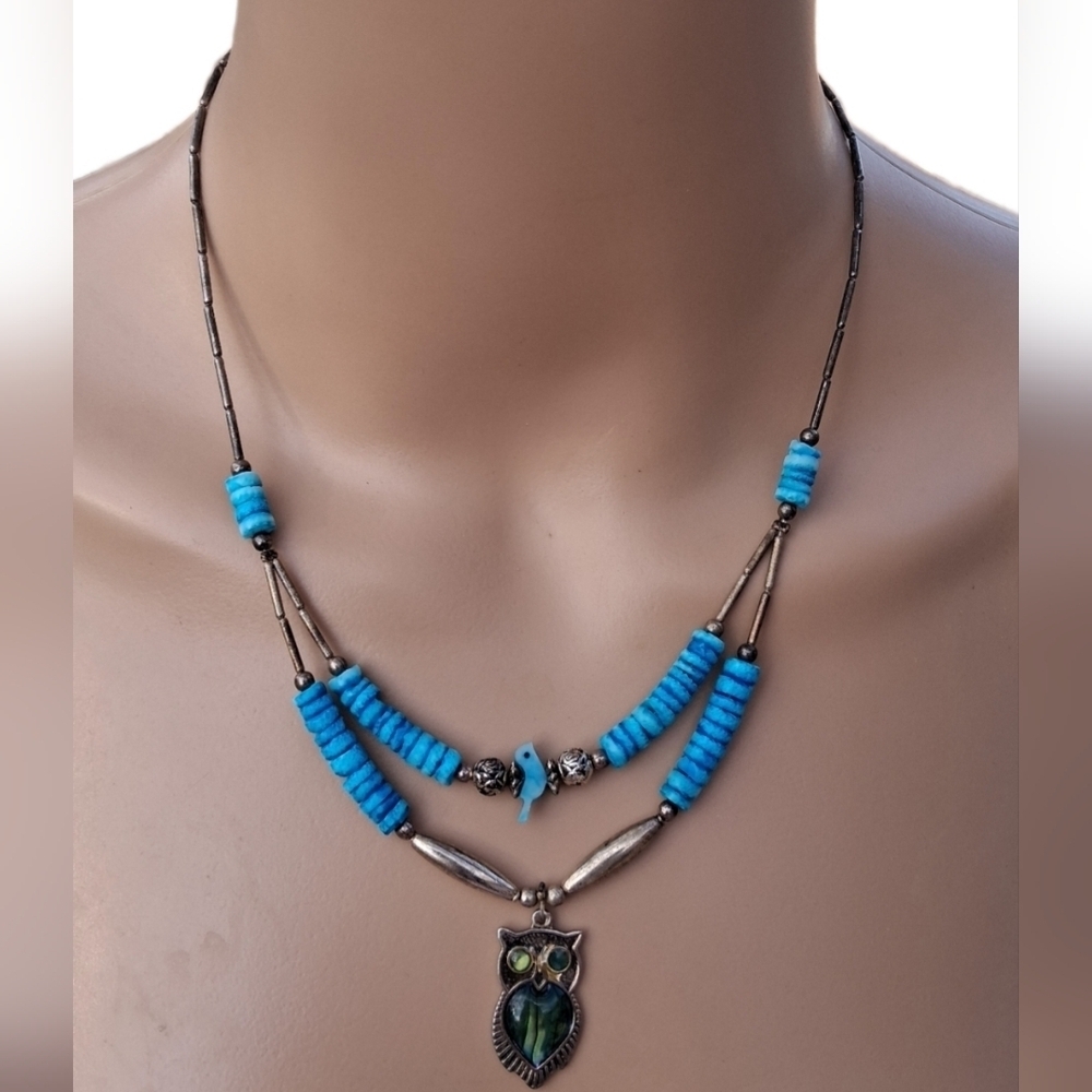 Vintage Liquid Silver Style Collar Necklace Double Strand Turquoise Owl Pendant